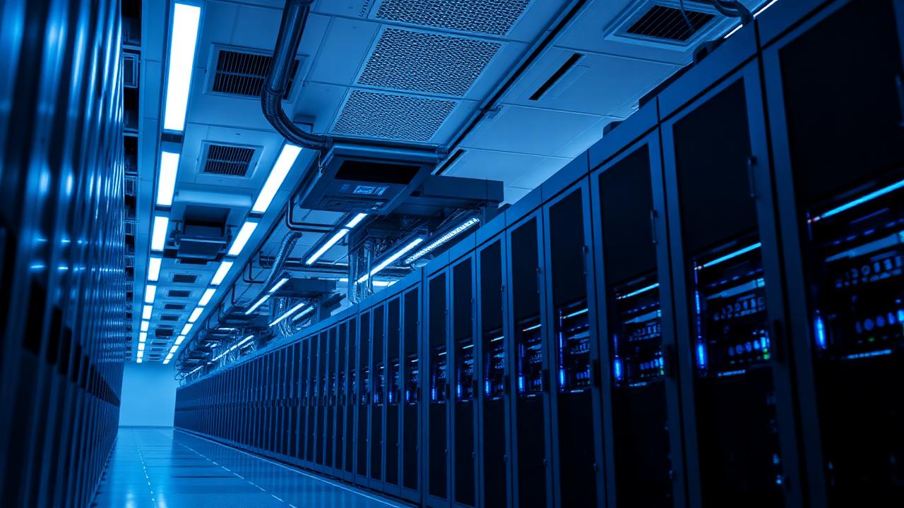 Data centre corridor with GPU servers