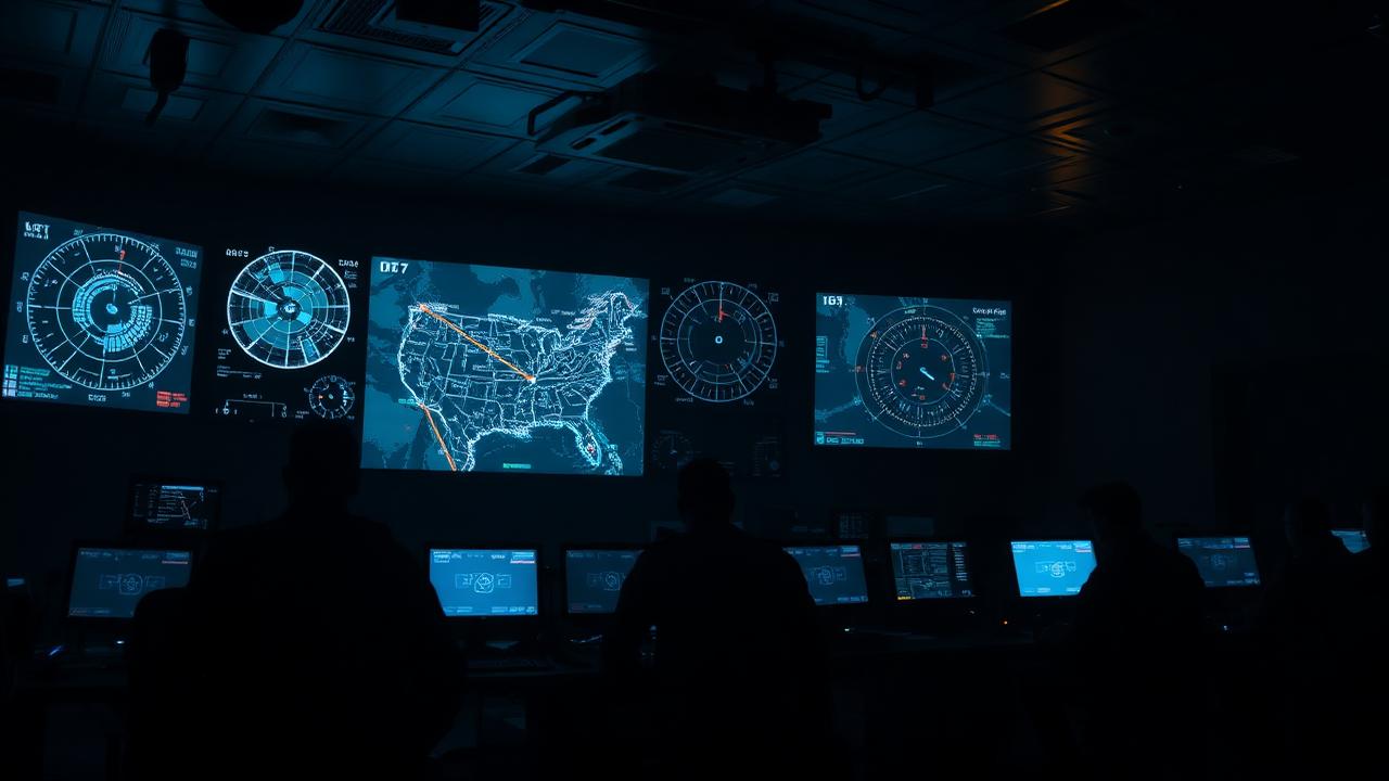 Military operations centre with tactical displays
