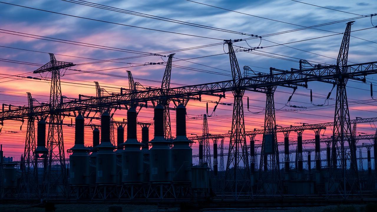 High voltage substation at dusk