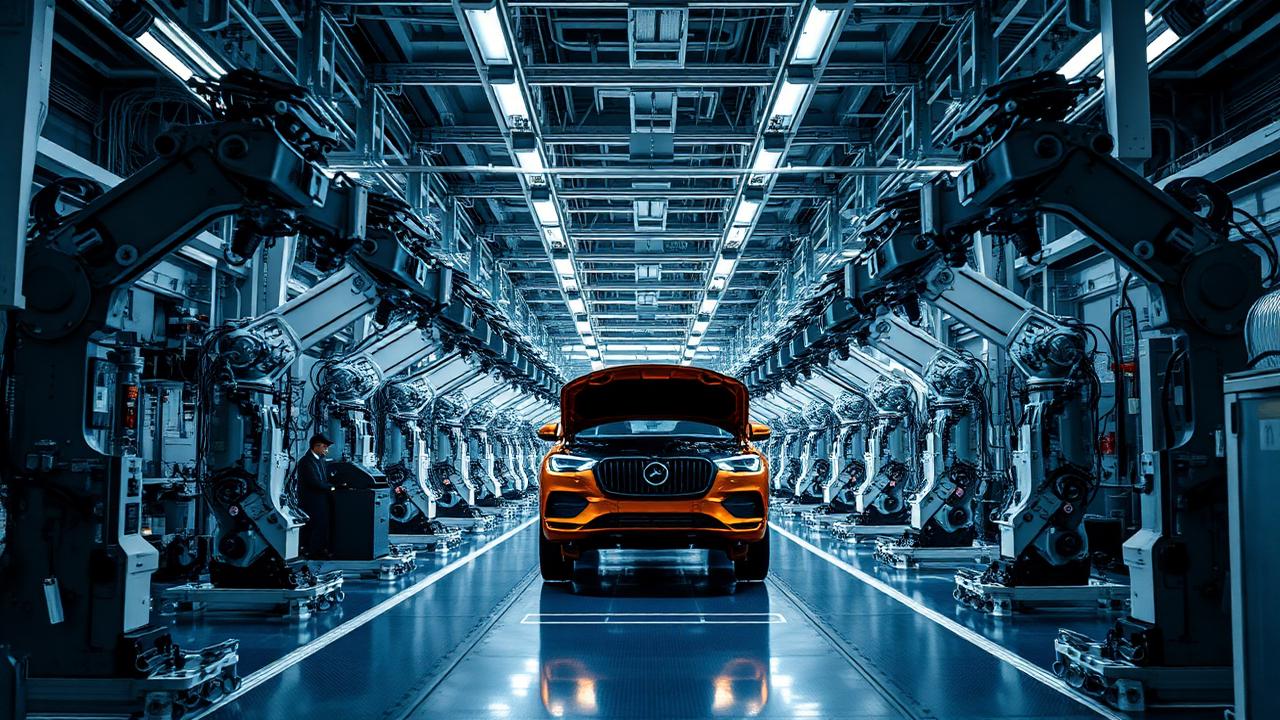 Automotive assembly line with robotic arms