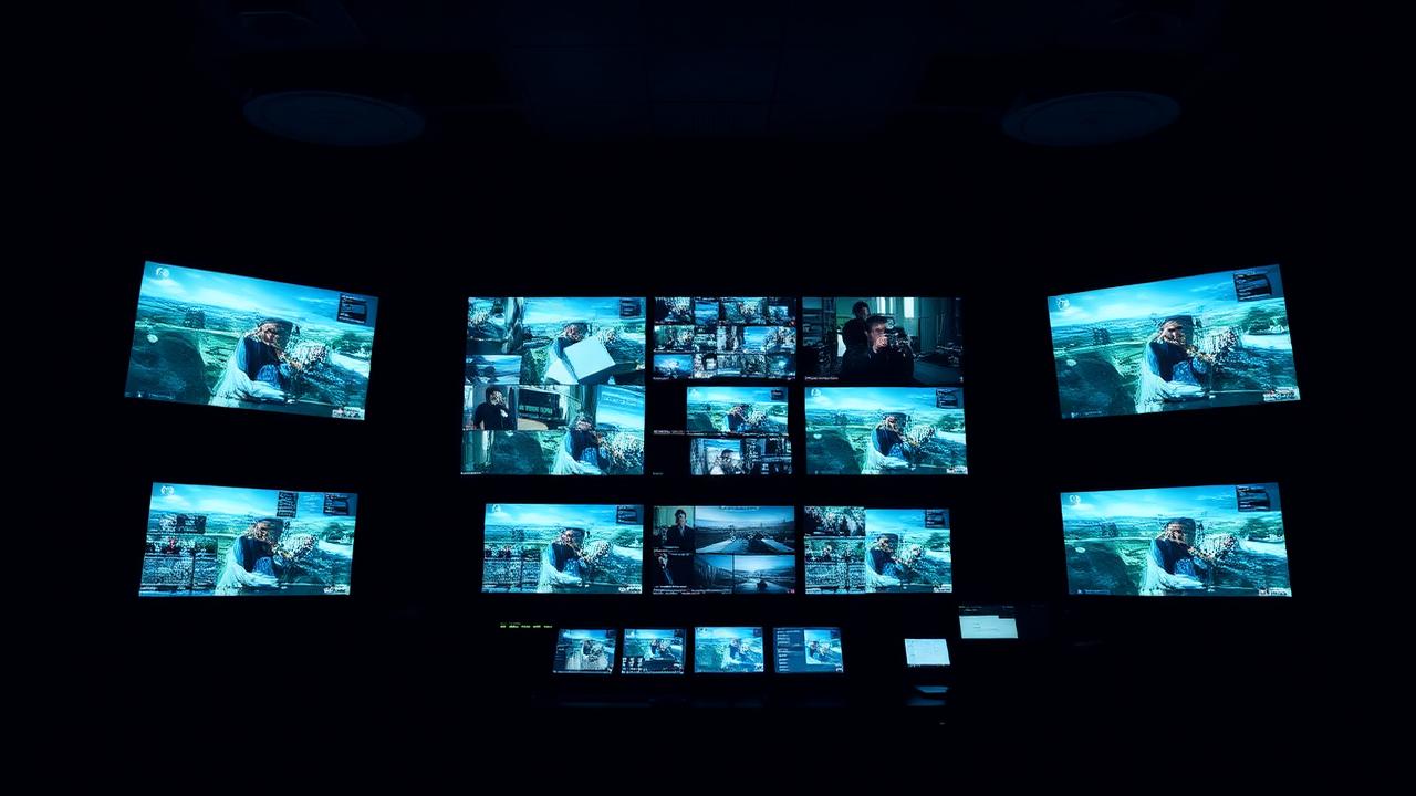 Broadcast control room with monitor wall