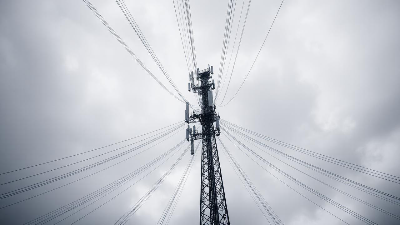 Cellular telecommunications tower against overcast sky