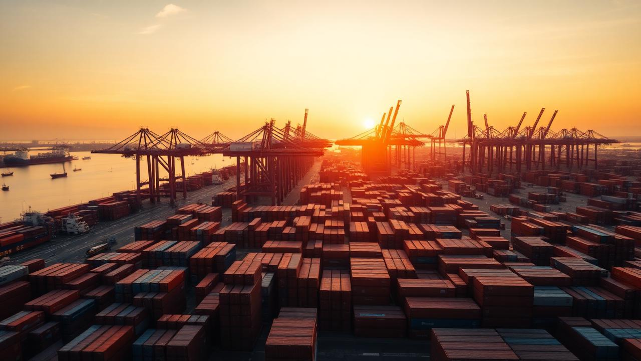 Container shipping port at dawn